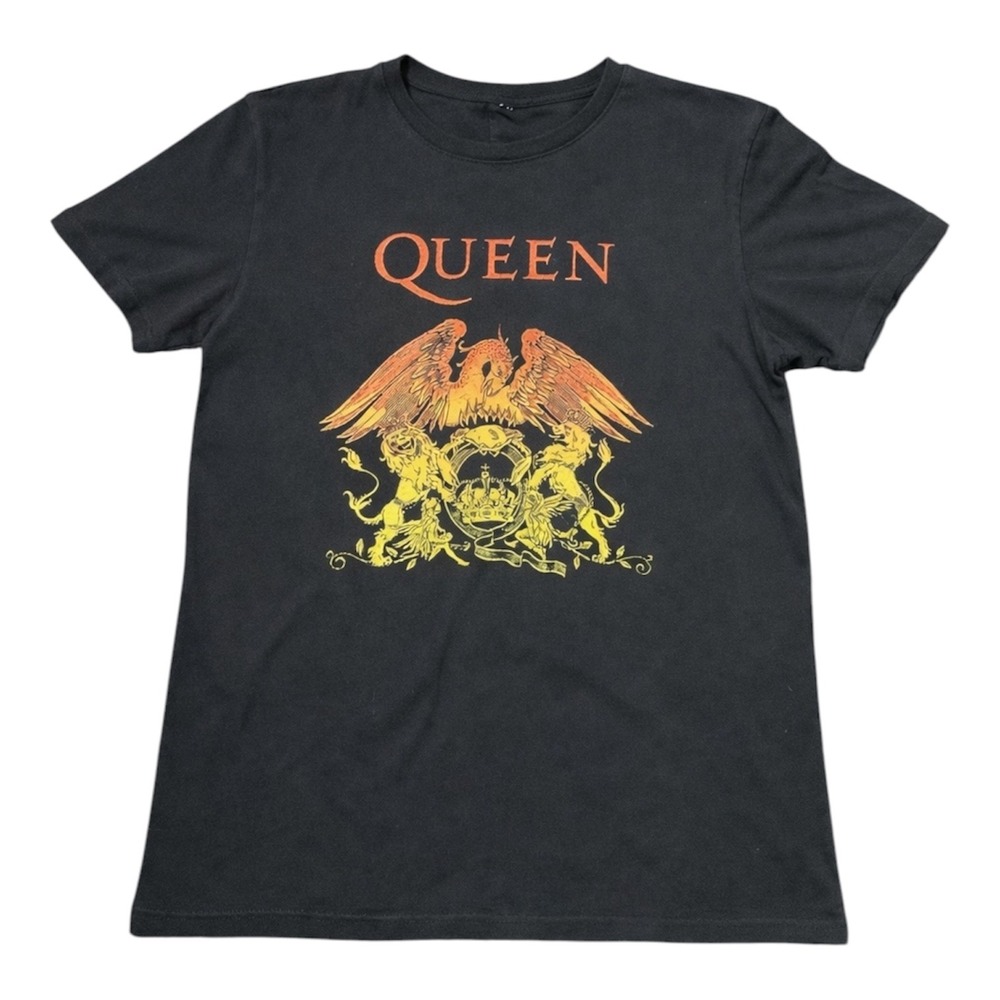 Queen Band Crest Graphic Tee Black Orange Yellow Short Sleeve T-Shirt Womens